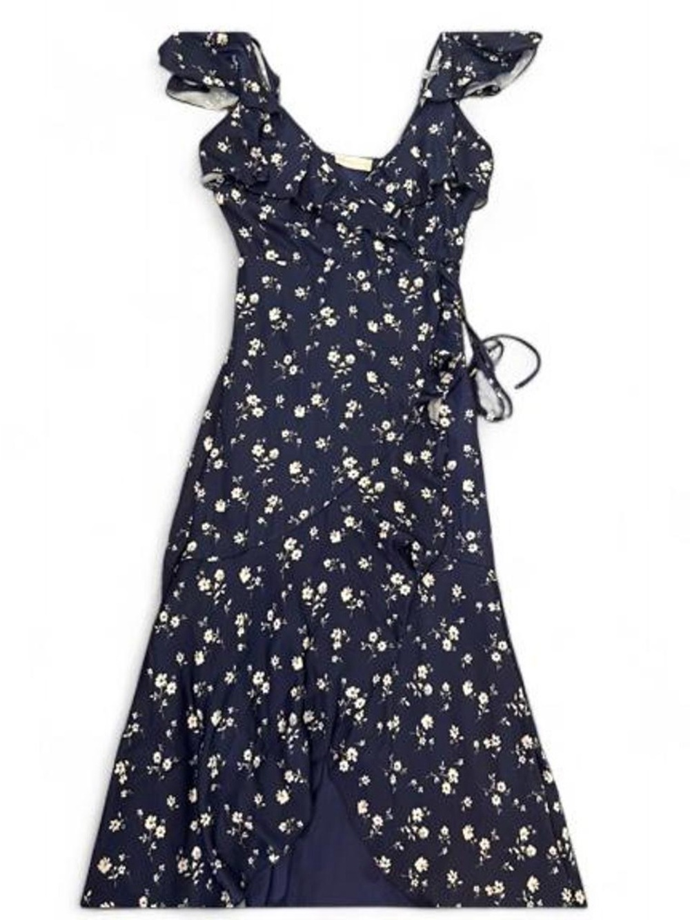 Altar’d State Wrap Midi Dress - Blue + White Floral - XS - Ruffle Open Front Hem